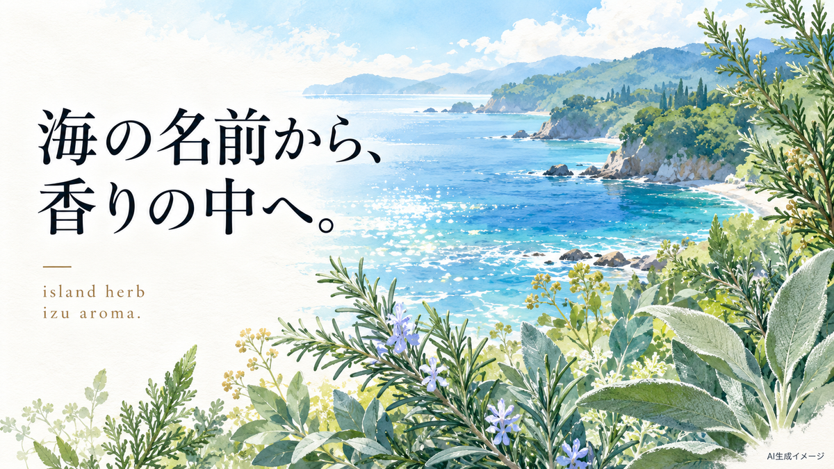 青い海と緑の海岸、植物を描いた水彩調のイメージ。「海の名前から、香りの中へ。」の文字。
